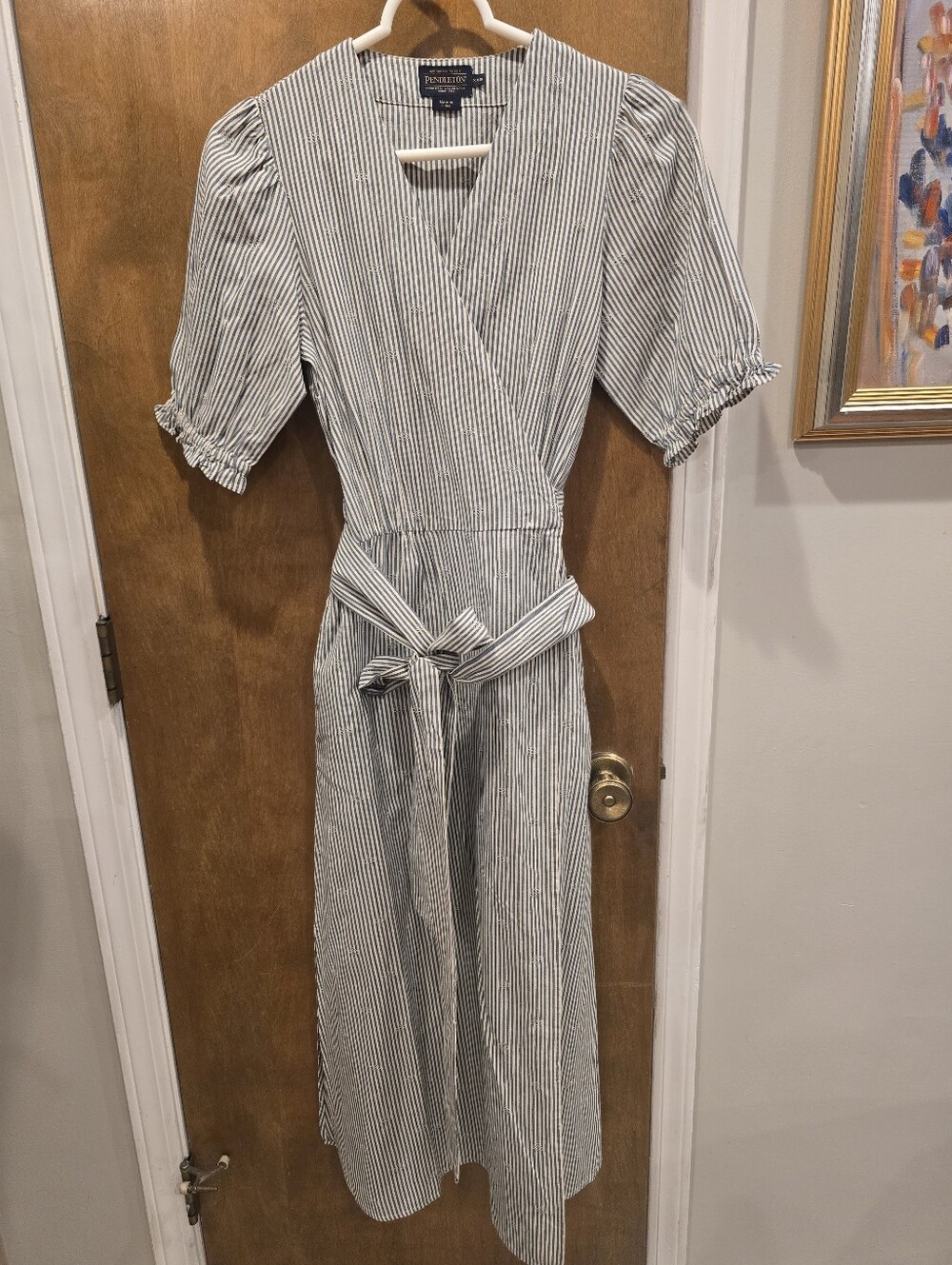 Pendleton Blue/White Striped Wrap Midi Dress V-Neck Belted Tie Waist XXS